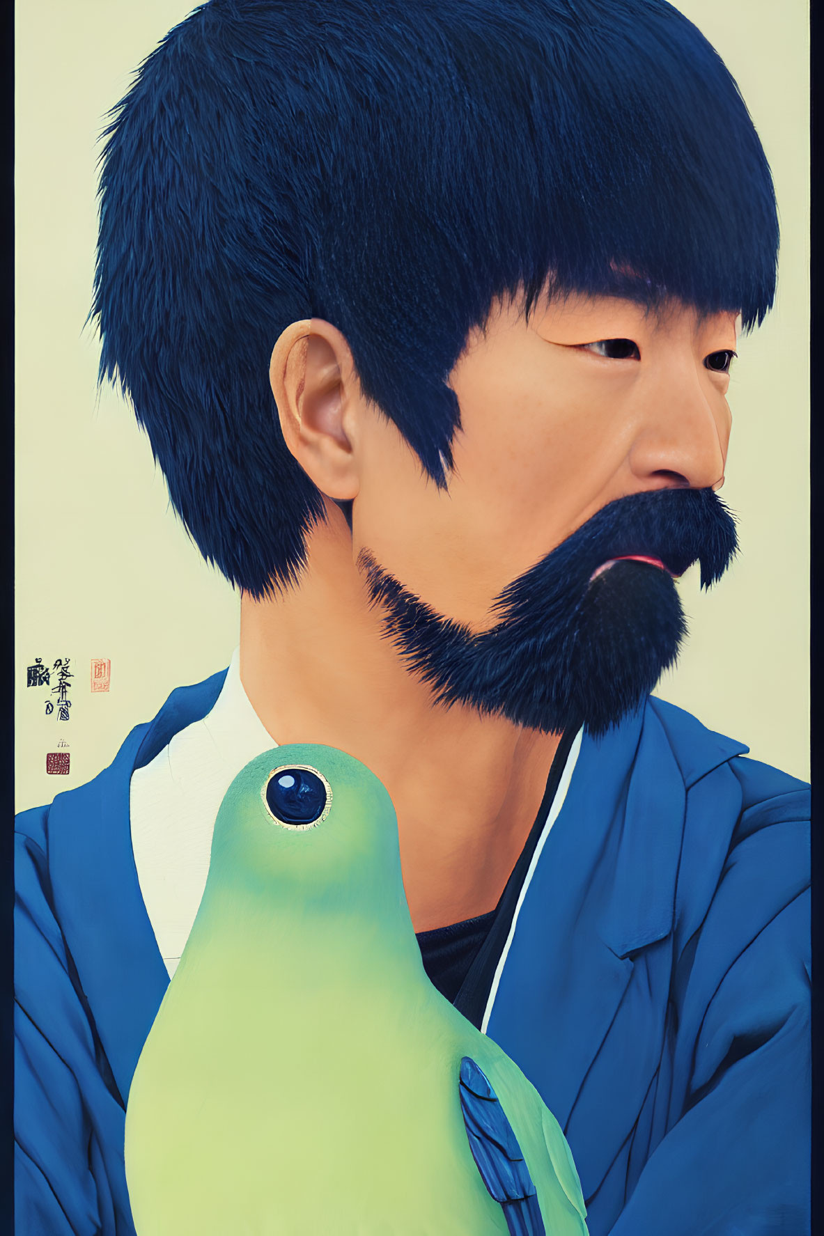 Man with Black Beard Holding Green Bird in Digital Illustration