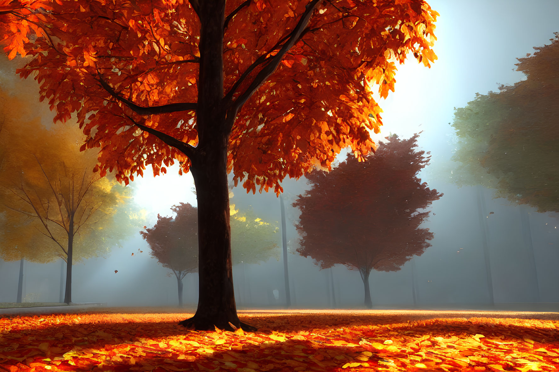 Tranquil autumn landscape with vibrant orange foliage and misty atmosphere