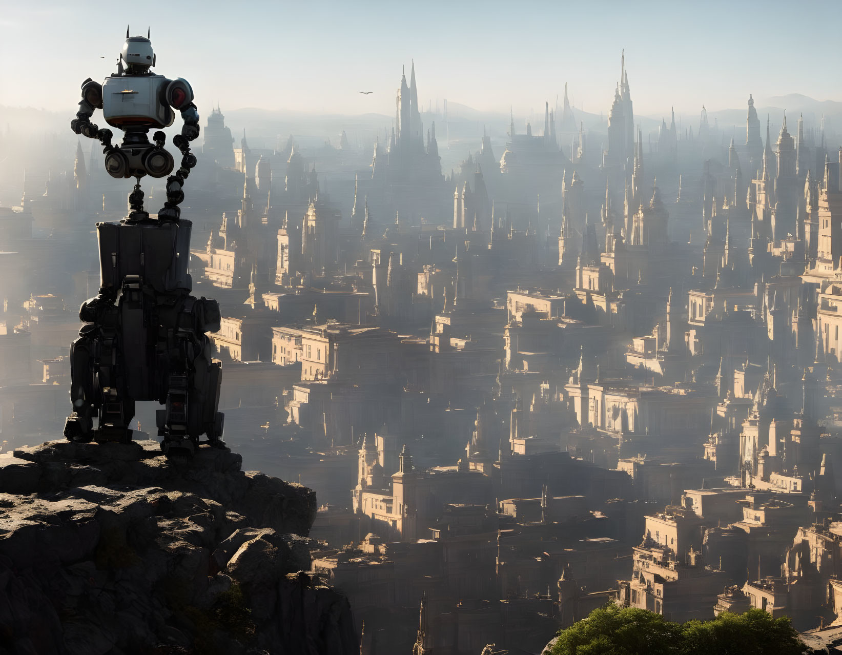 Robot overlooking cityscape at sunrise or sunset