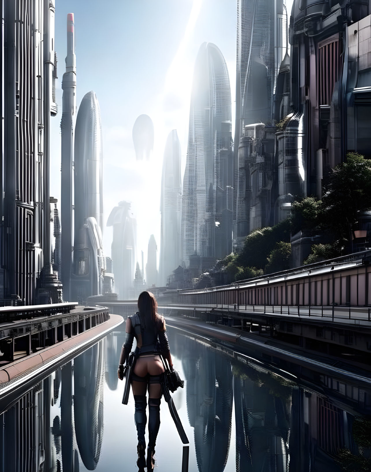 Futuristic person walking towards gleaming cityscape with skyscrapers and reflections