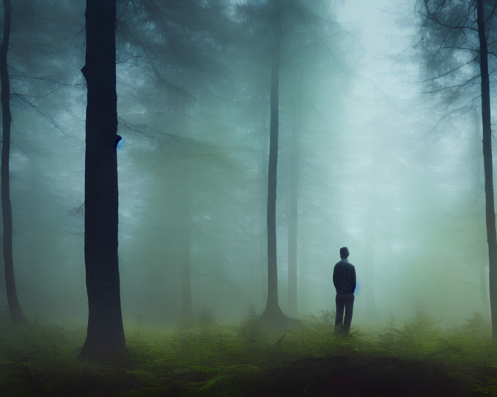 Lonely figure in misty forest with tall silhouetted trees