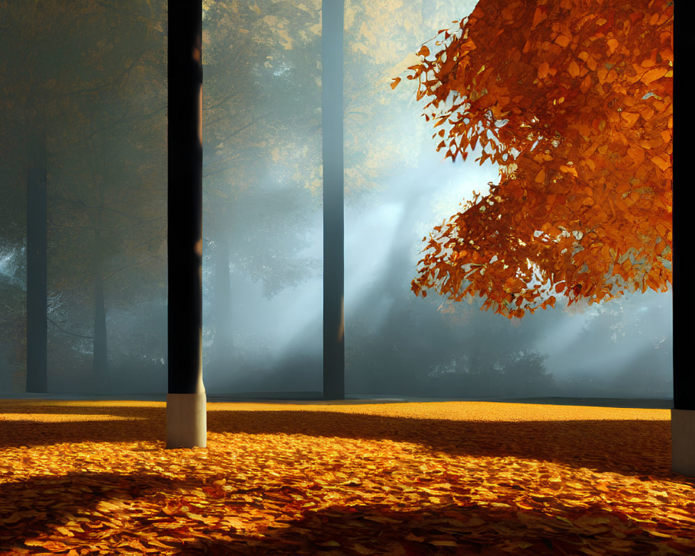 Autumn forest scene: golden leaves, tall trees, sunlight beams