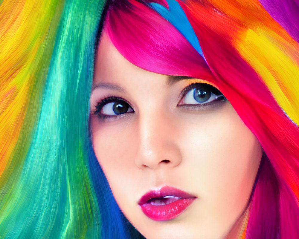 Vibrant Multicolored Hair Woman with Blue Eyes and Pink Lipstick