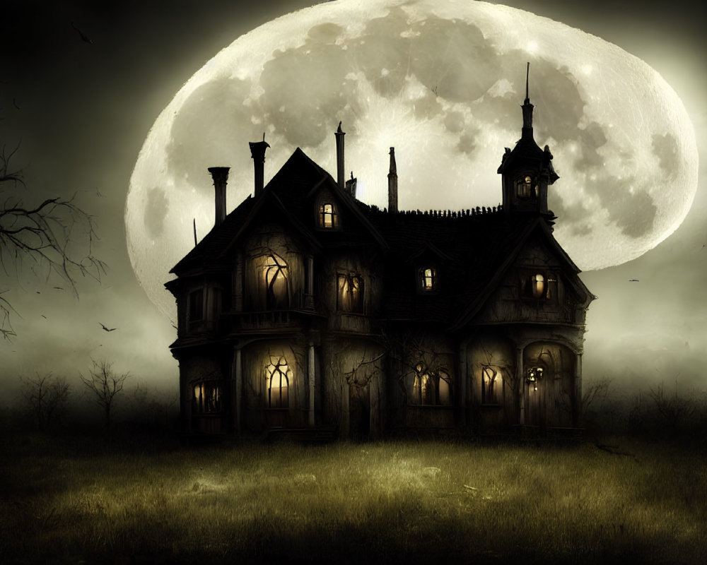 Victorian mansion under full moon with bats, eerie lighting, and barren tree