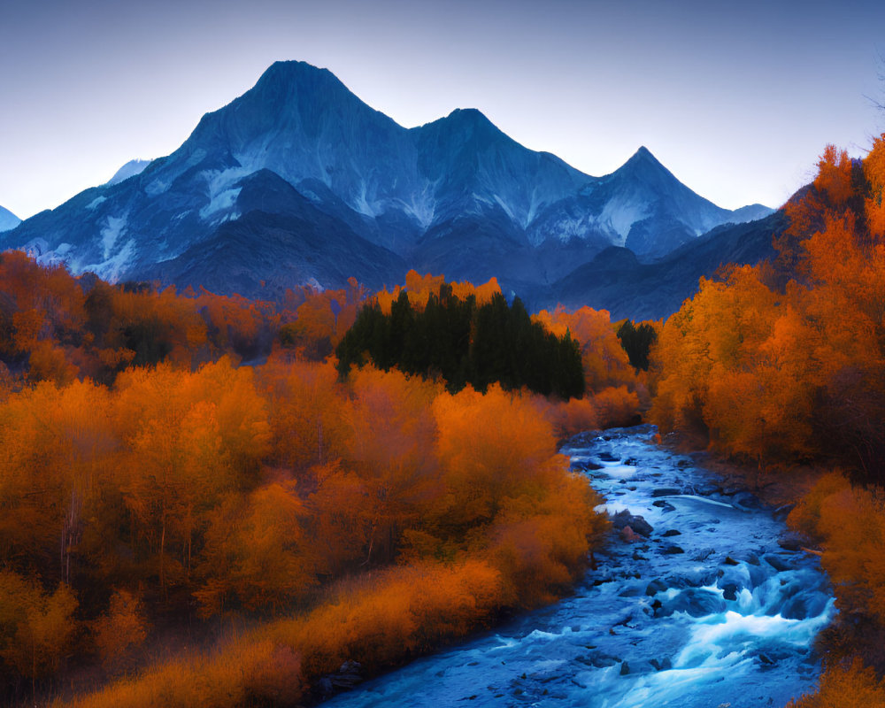Scenic autumn landscape with orange foliage, blue river, and snow-capped mountains