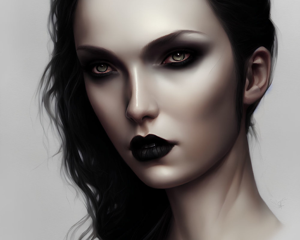 Portrait of woman with amber eyes, pale skin, dark lipstick, and wavy hair.
