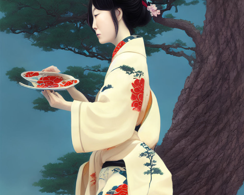 Woman in floral kimono holding sushi plate under large tree and blue sky