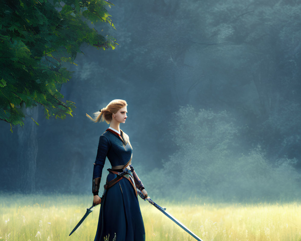 Medieval woman with sword in sunlit forest clearing