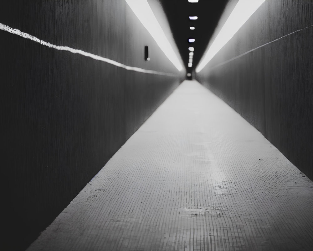 Monochrome photo of long, narrow corridor with bright overhead light strip and reflective floor
