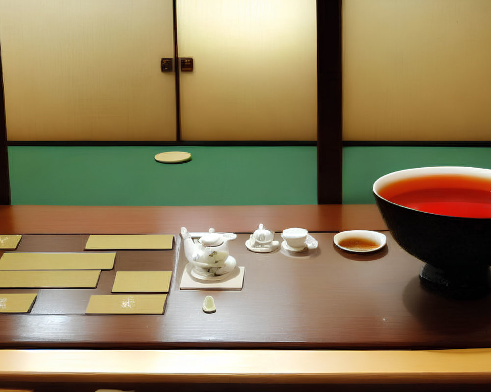 Traditional Japanese tea ceremony setup with red liquid, utensils, and tatami mats