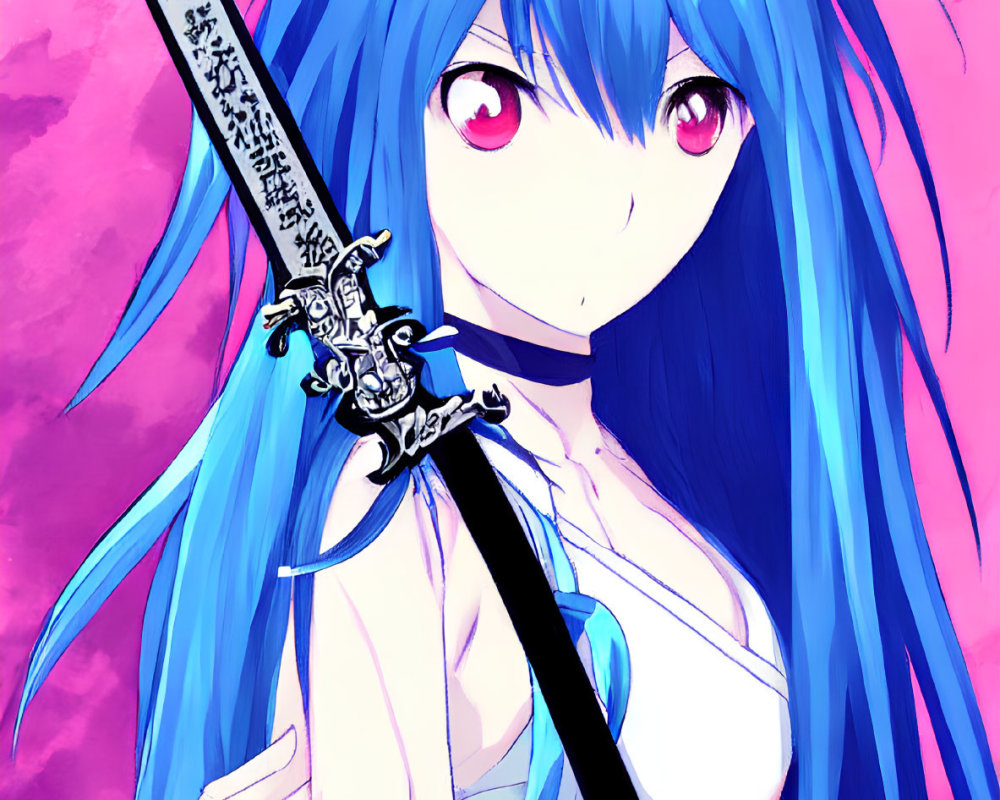 Blue-haired anime character with red eyes holding a detailed sword on pink backdrop