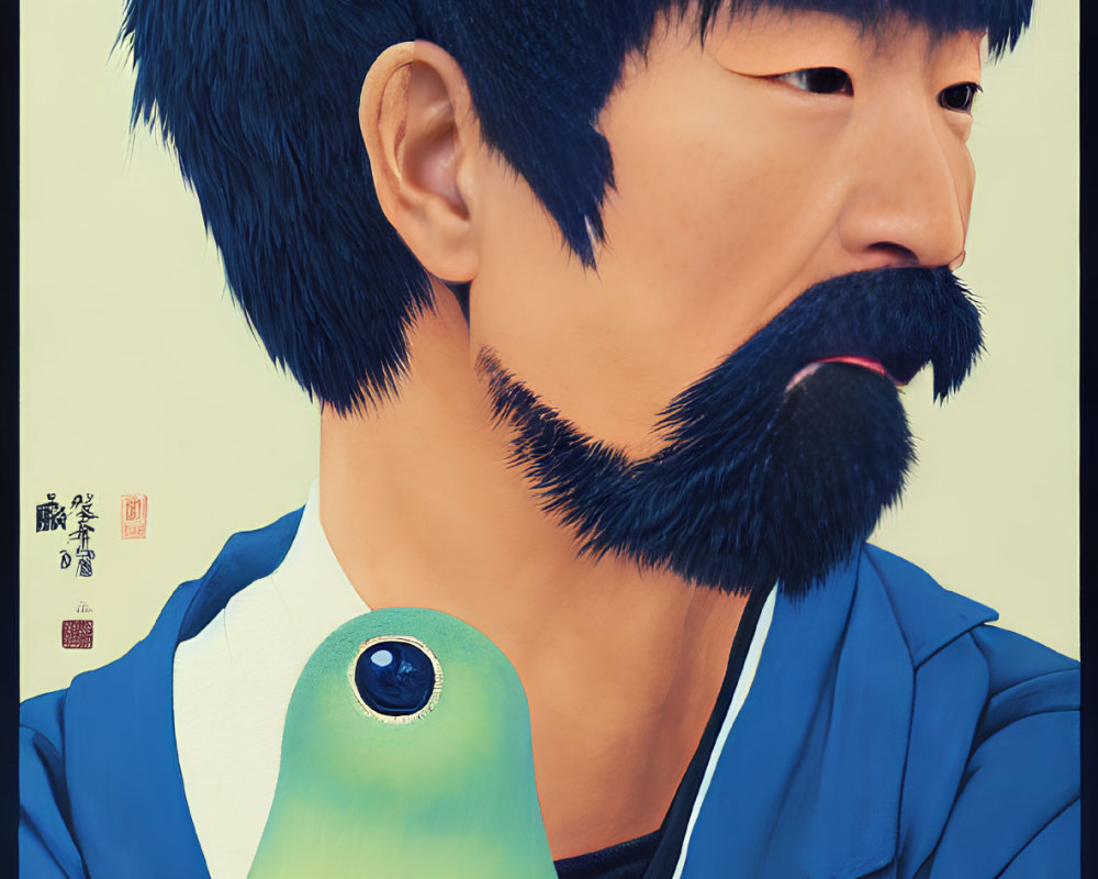 Man with Black Beard Holding Green Bird in Digital Illustration