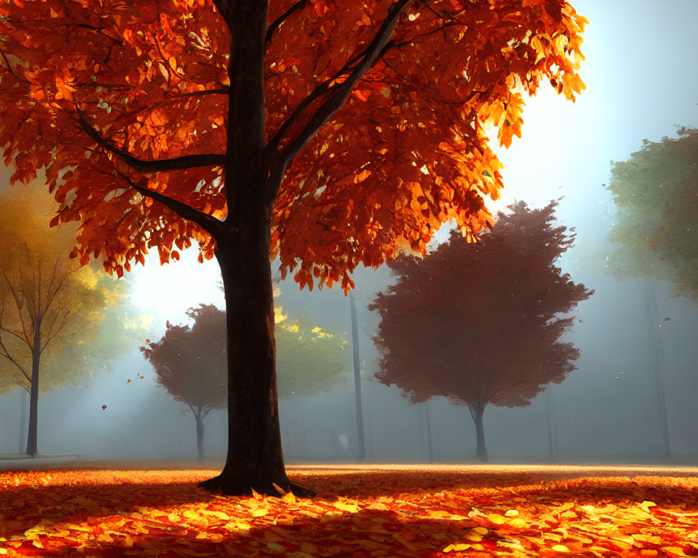 Tranquil autumn landscape with vibrant orange foliage and misty atmosphere