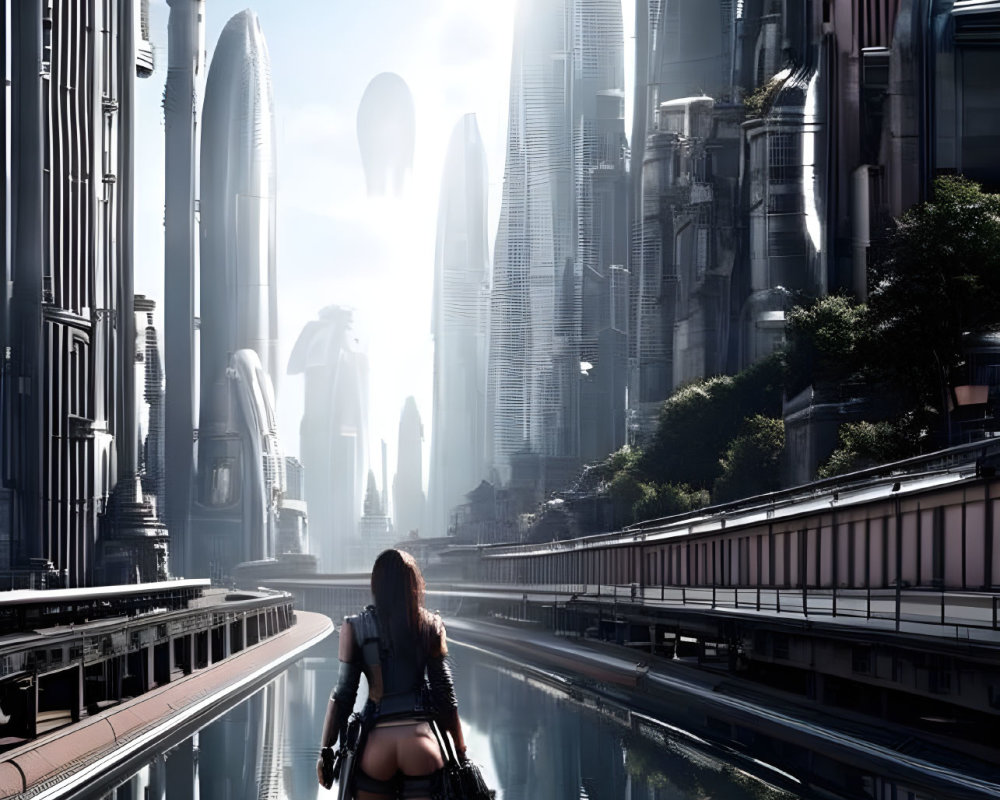 Futuristic person walking towards gleaming cityscape with skyscrapers and reflections