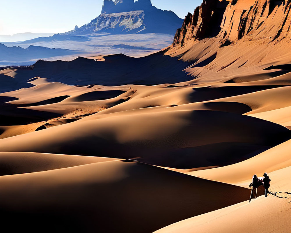 Scenic image of people looking at sand dunes and mountain under blue sky