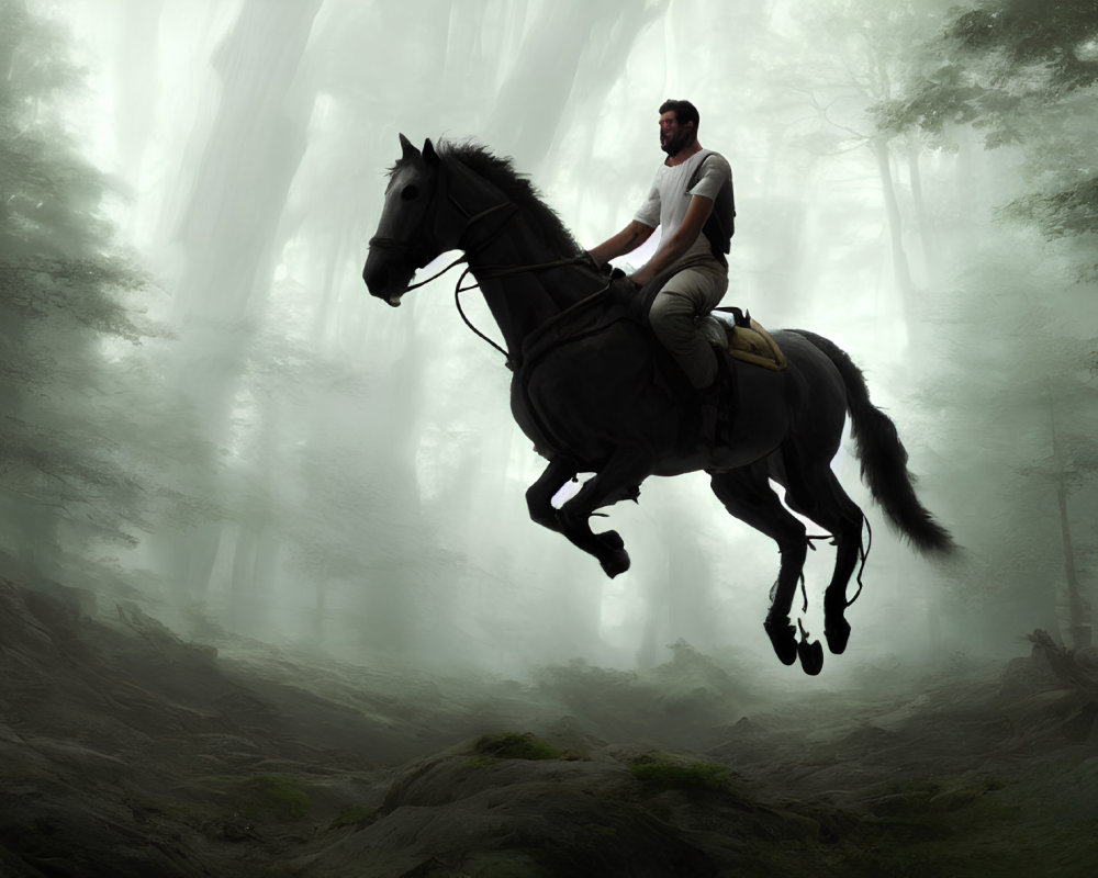 Man riding black horse through misty forest with horse mid-gallop above ground among dense trees