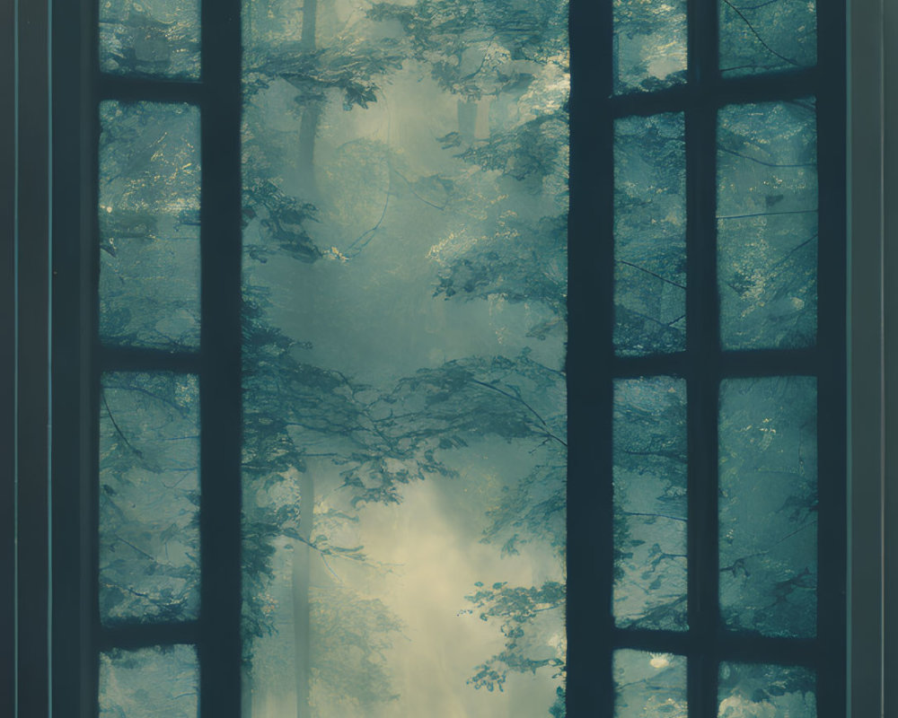Misty forest scene through silhouette window with mysterious text overlays