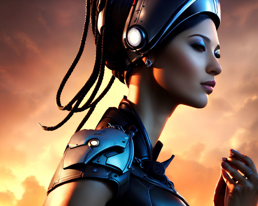 Futuristic female cyborg in sleek armor under orange sky