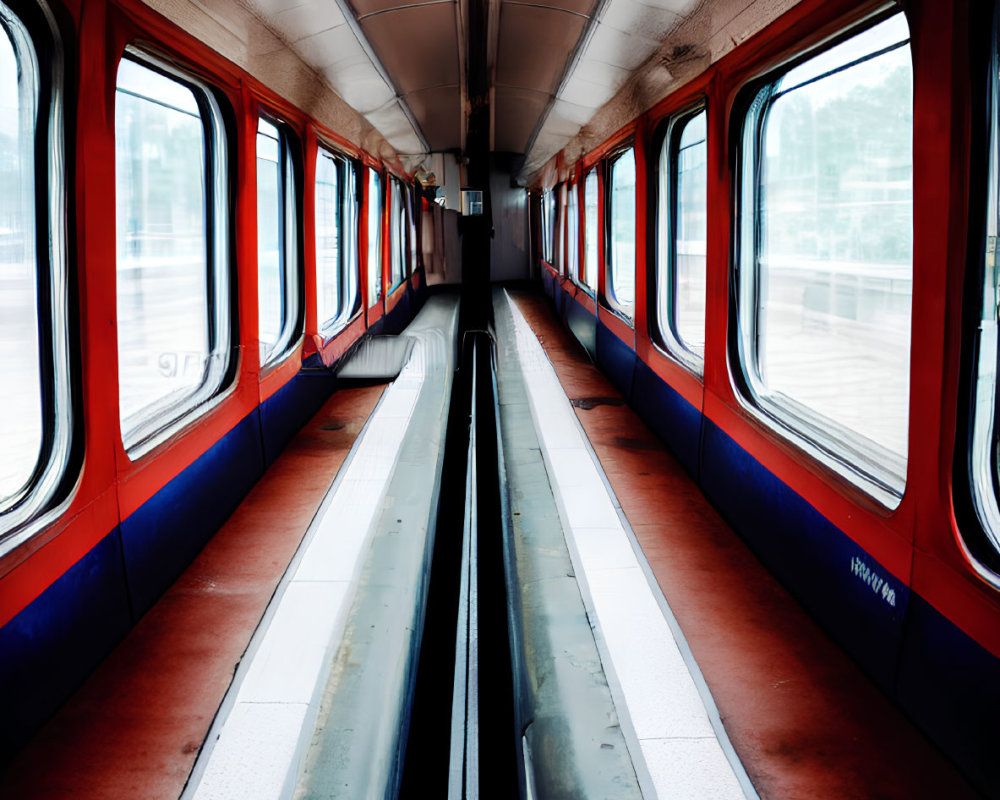 Symmetrical view of empty train car with red and blue seats