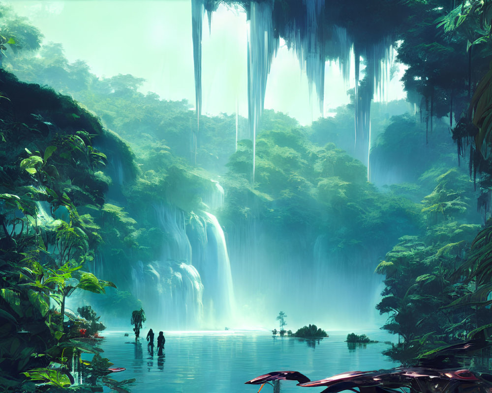 Lush Green Forest with Waterfalls and People Walking in Shallow Water