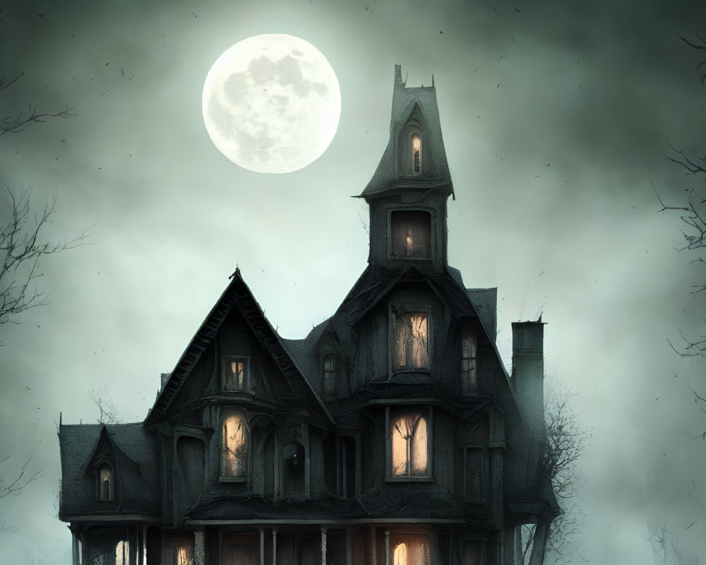 Victorian-style mansion in misty moonlit scene