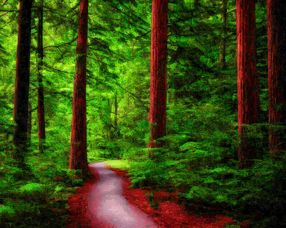 Scenic forest path with redwood trees and fallen leaves