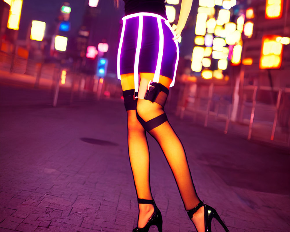 Woman in futuristic fashion on city street at night