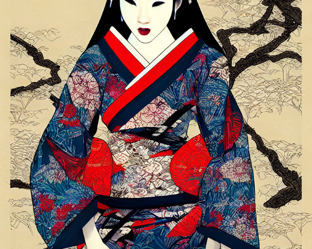 Geisha in traditional kimono with intricate patterns against stylized tree branches