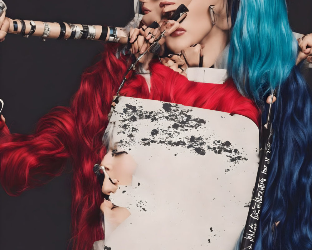 Portrait of Person with Red and Blue Hair, Robotic Arms, and Metallic Face on Dark Background