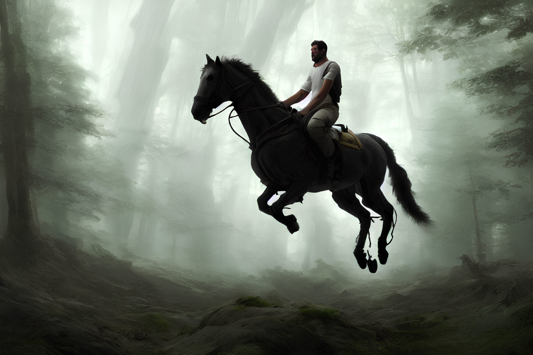 Man riding black horse through misty forest with horse mid-gallop above ground among dense trees