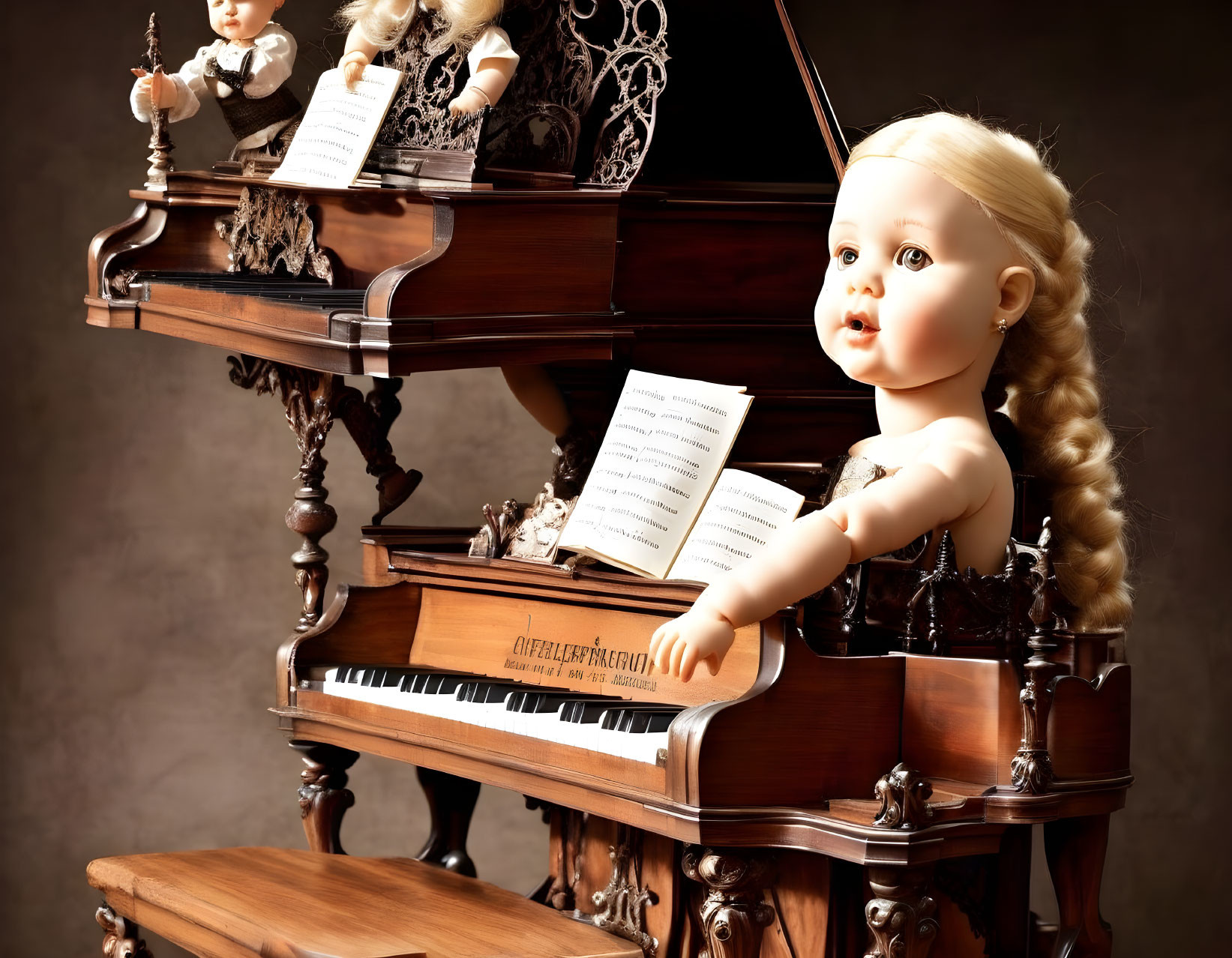 Blonde braided porcelain doll at grand piano with Victorian doll in background