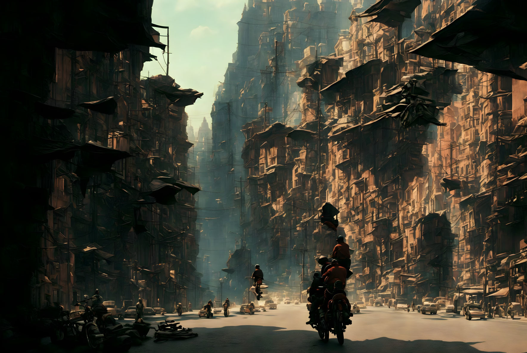 Futuristic cityscape with towering buildings and motorcycle riders