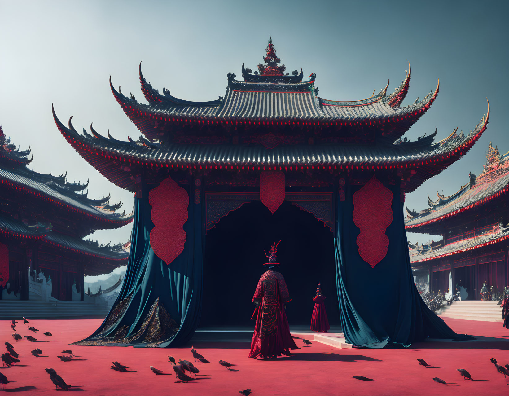 Traditional Attire Figure at Ornate Temple with Red Lanterns