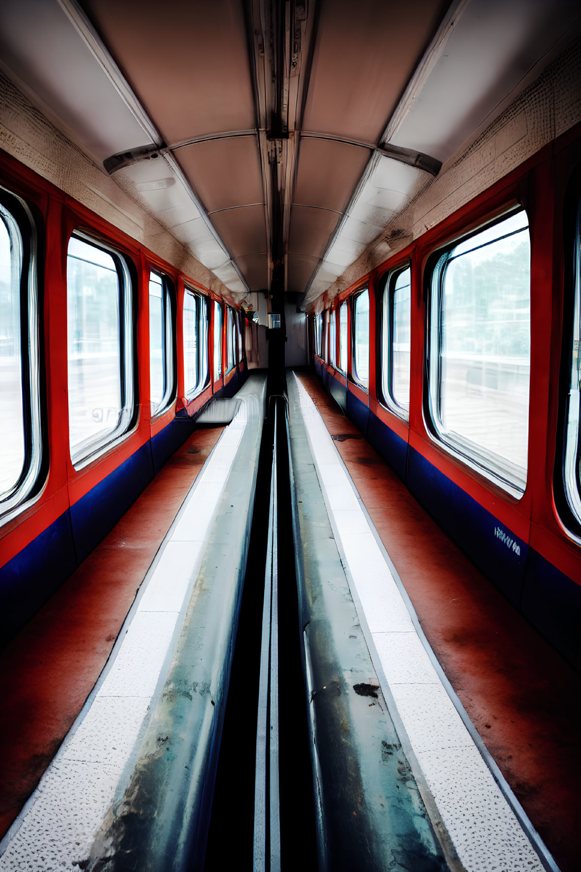 Symmetrical view of empty train car with red and blue seats