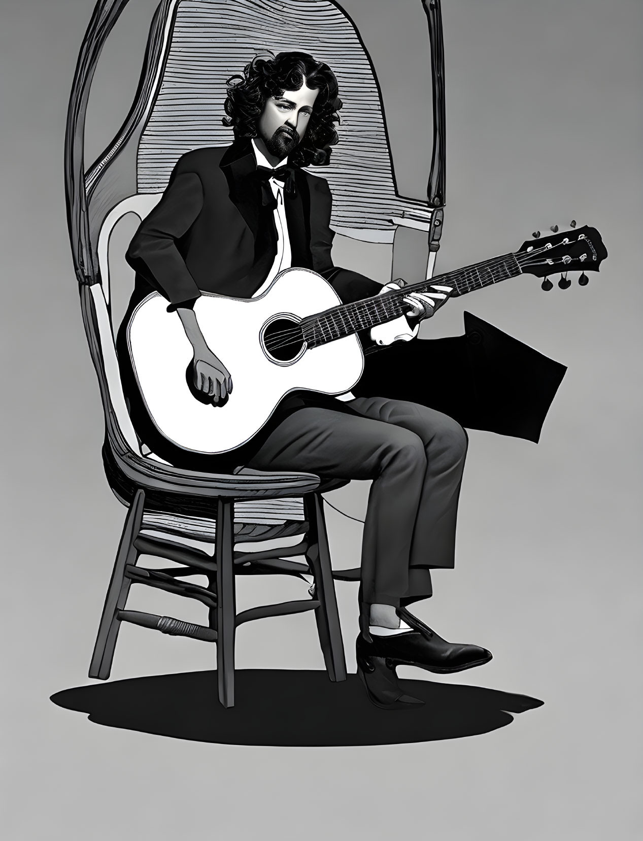 Monochrome illustration of man in suit playing guitar on unique chair
