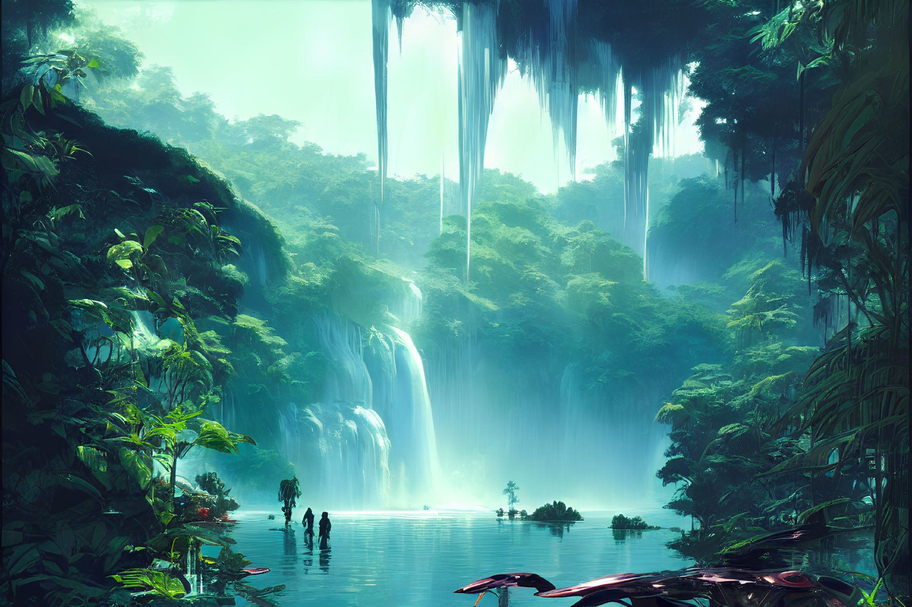 Lush Green Forest with Waterfalls and People Walking in Shallow Water