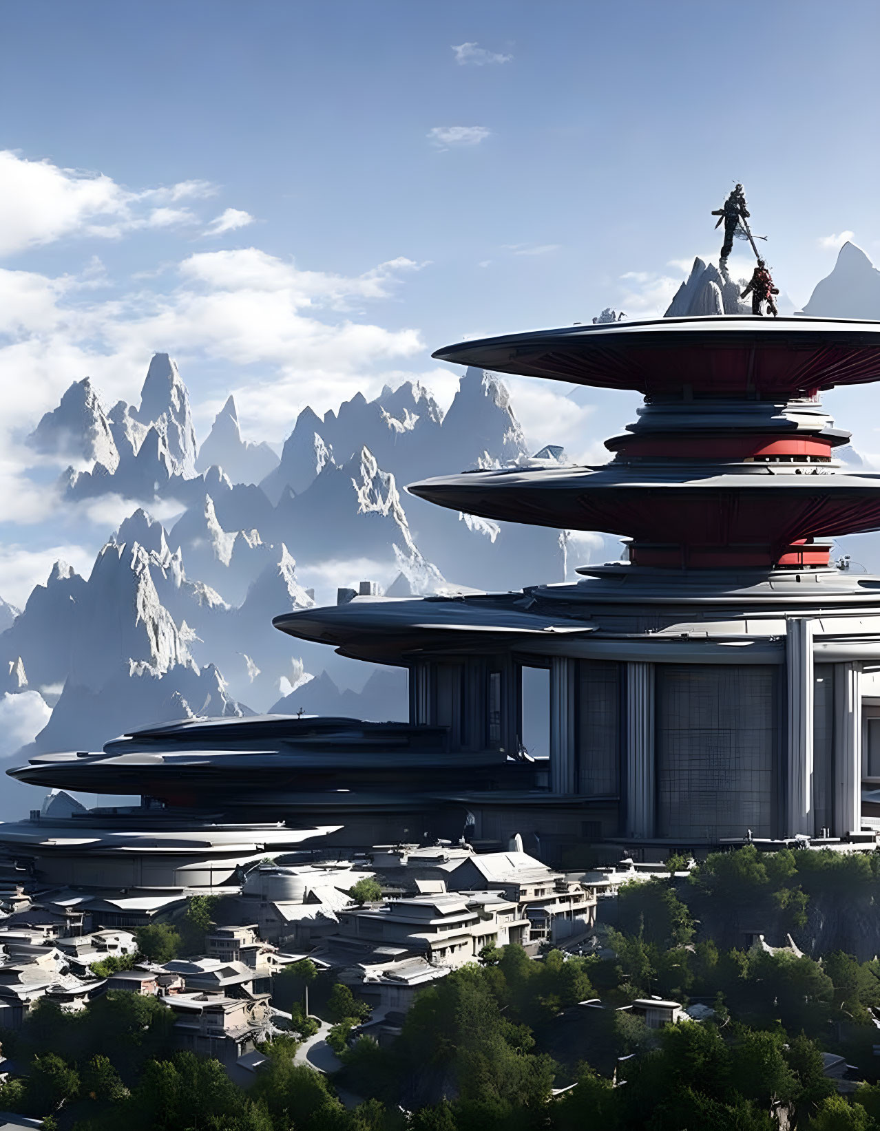Futuristic city with circular structures in mountainous landscape