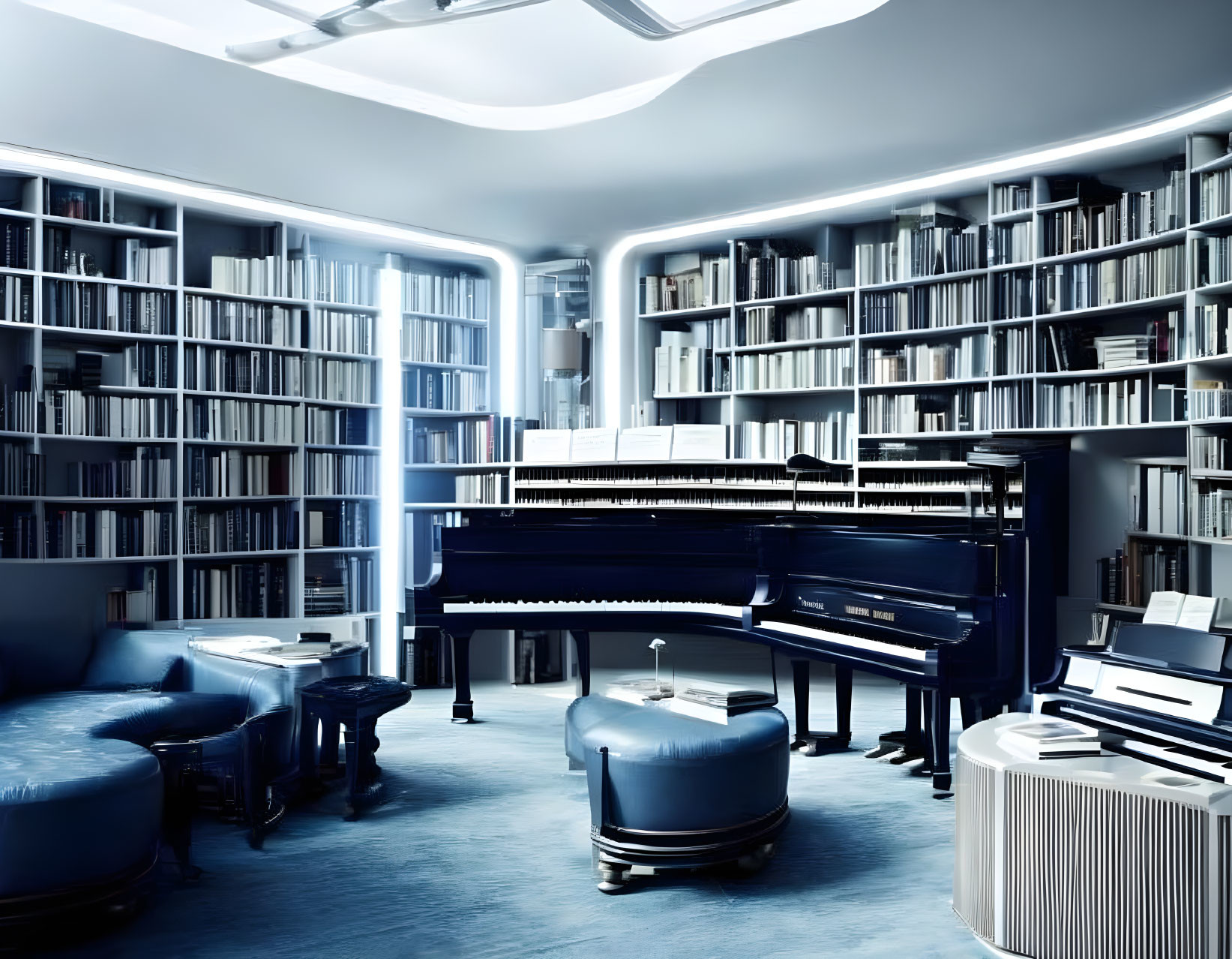Contemporary home library with floor-to-ceiling bookshelves, grand piano, plush blue seating,
