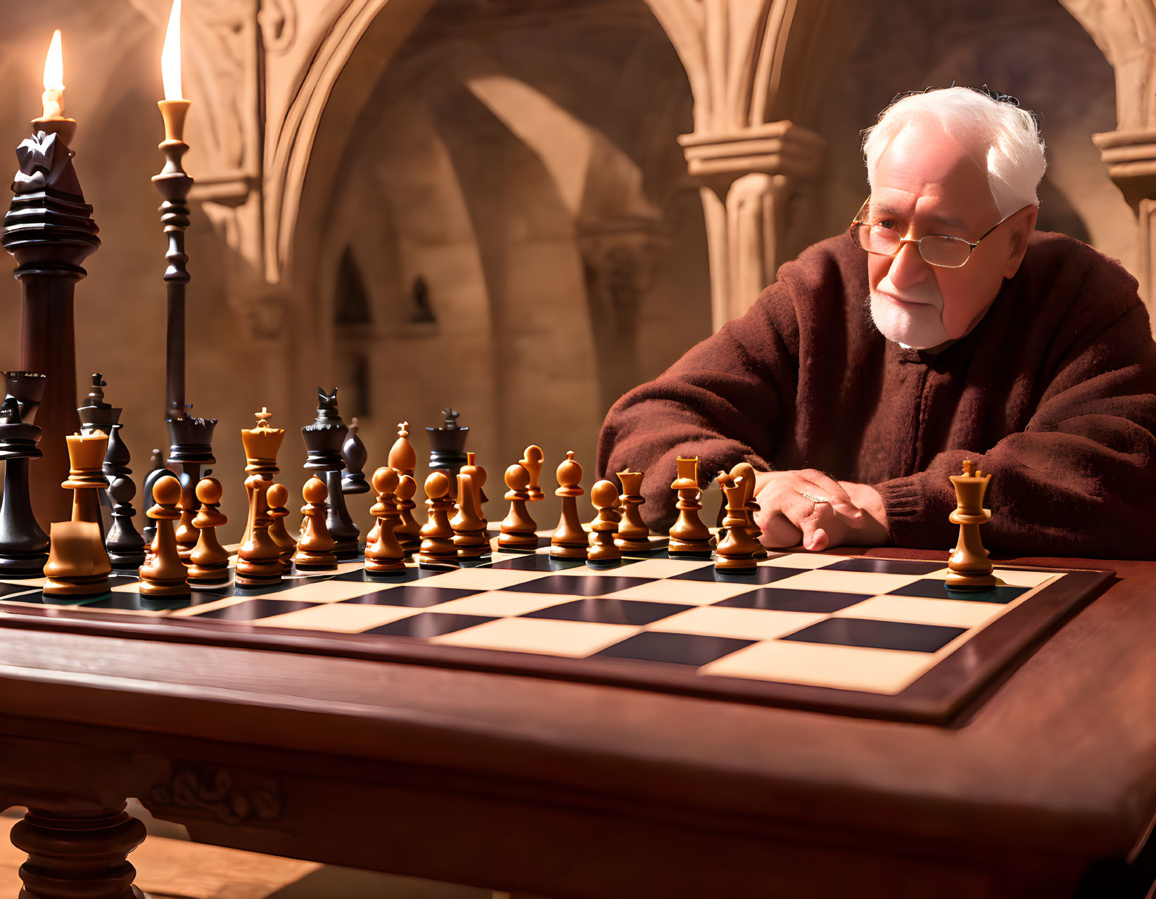 Elderly Man Contemplating Chess Move in Candlelit Room