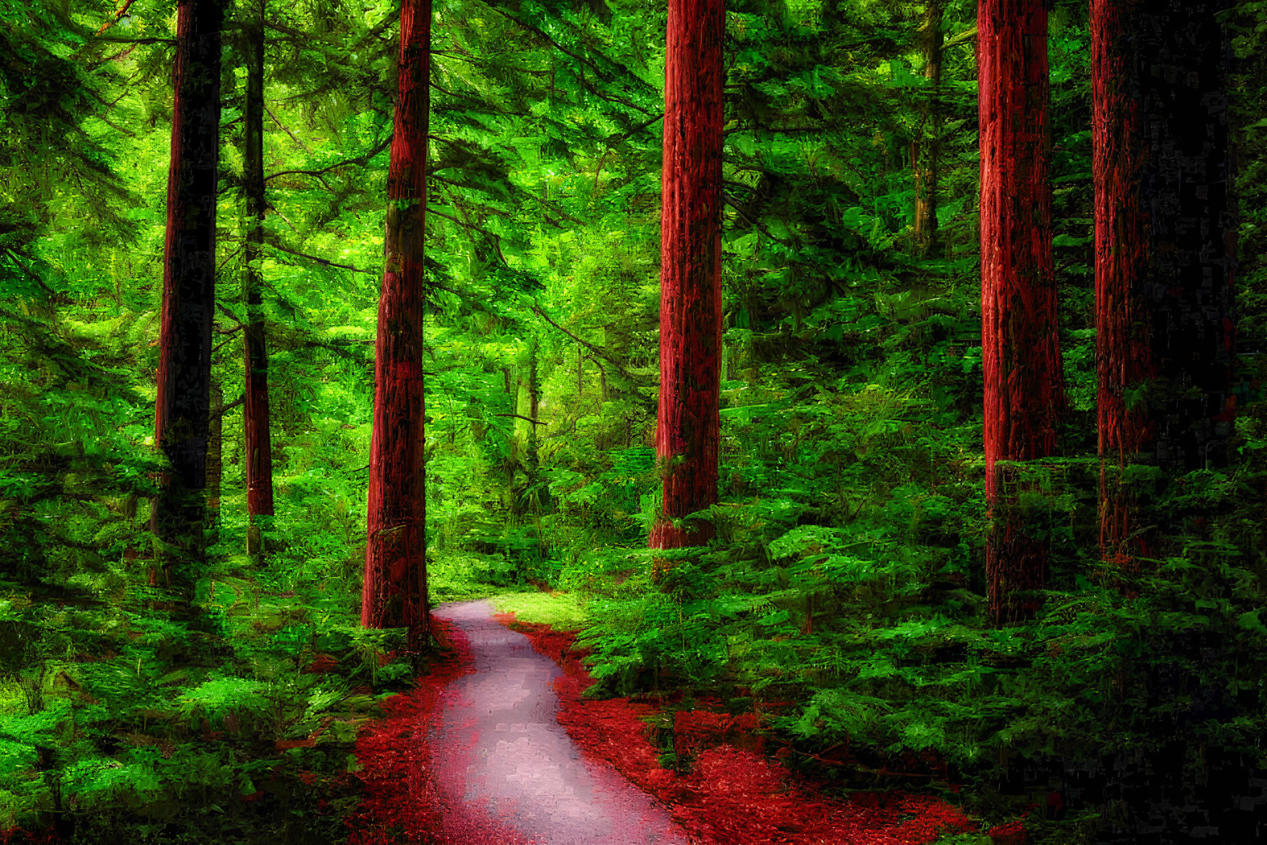 Scenic forest path with redwood trees and fallen leaves