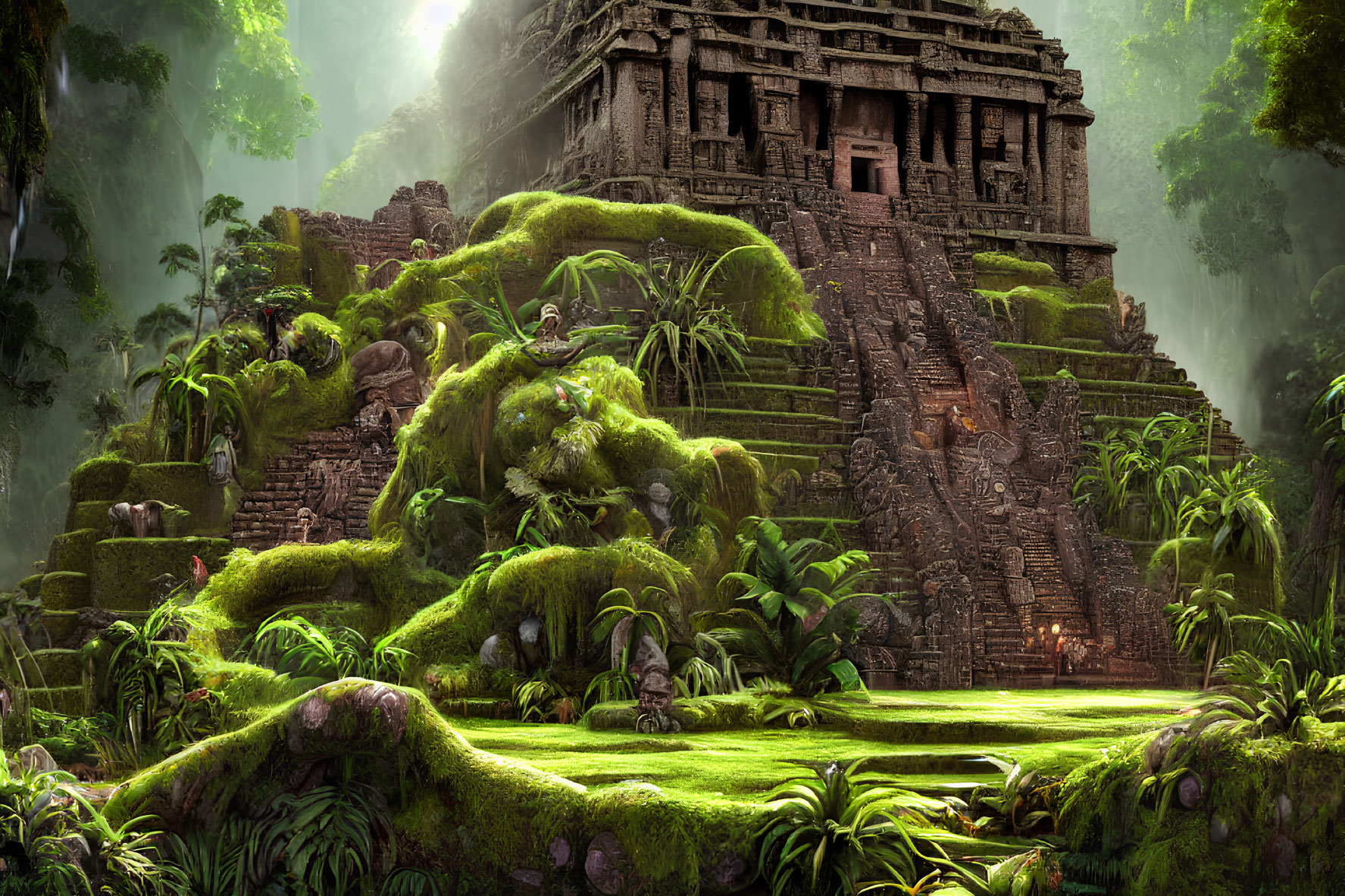 Ancient temple engulfed by lush jungle with sunlight filtering through.