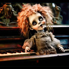 Exaggerated facial expression dolls in lavish gowns on piano keyboard