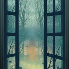 Misty forest scene through silhouette window with mysterious text overlays