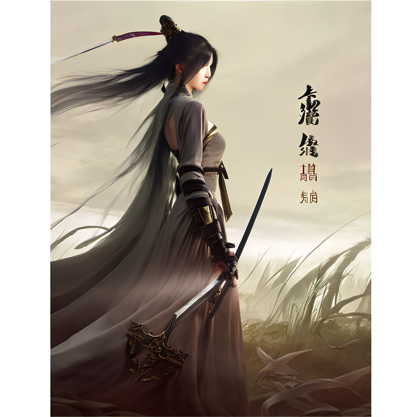 Illustrated woman in Asian attire with sword in tall grass