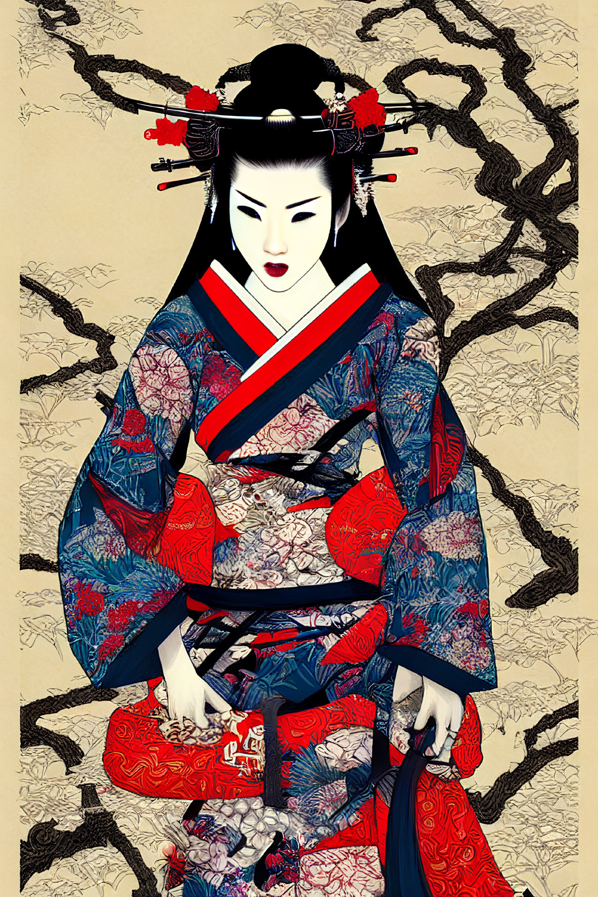 Geisha in traditional kimono with intricate patterns against stylized tree branches