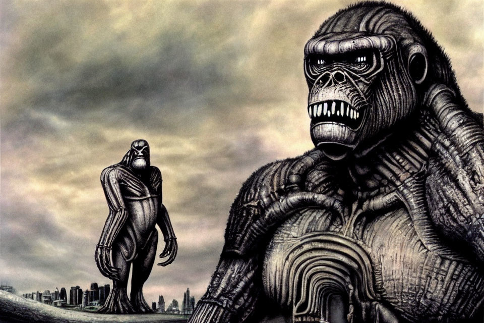 Monochrome illustration of giant gorilla and humanoid figure in cityscape