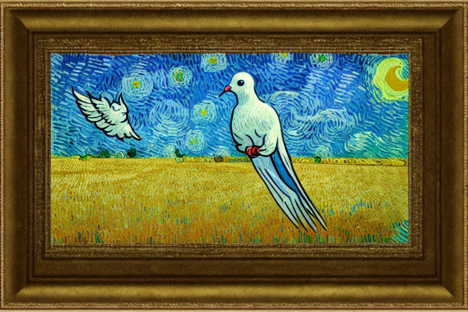 Artwork of two doves in Van Gogh-style setting