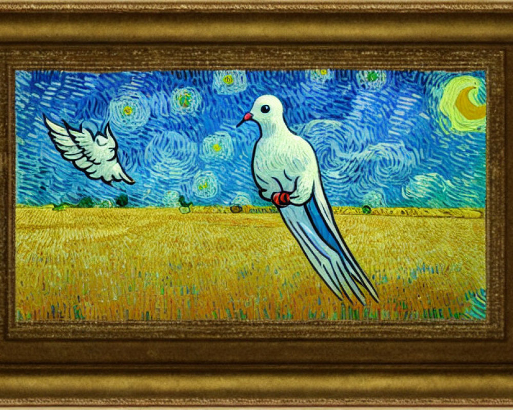 Artwork of two doves in Van Gogh-style setting