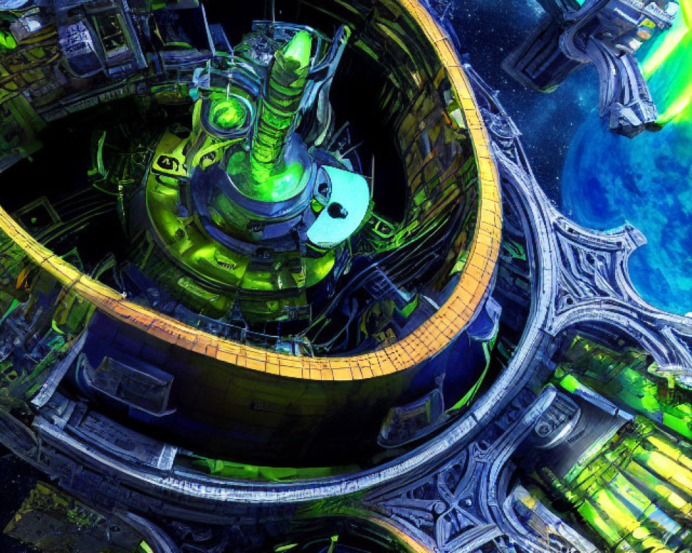 Futuristic space station with green lights and blue planet