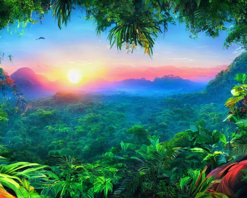 Vibrant tropical rainforest with sunset sky, mountains, and bird in flight
